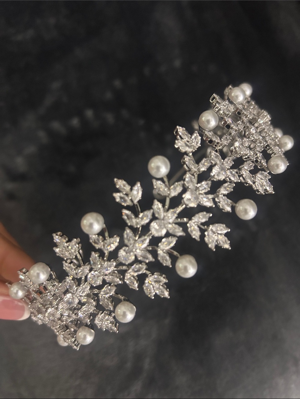 Rhinestone and Pearl Bridal Hair headband/tiara- Silver Tone